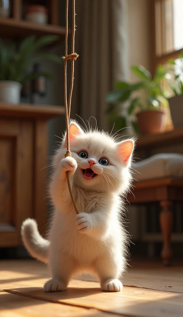 "A fluffy kitten playing with a string that’s hanging from a chair in a rustic-style living room. The kitten is fully engaged, with one paw reaching out and a look of concentration."