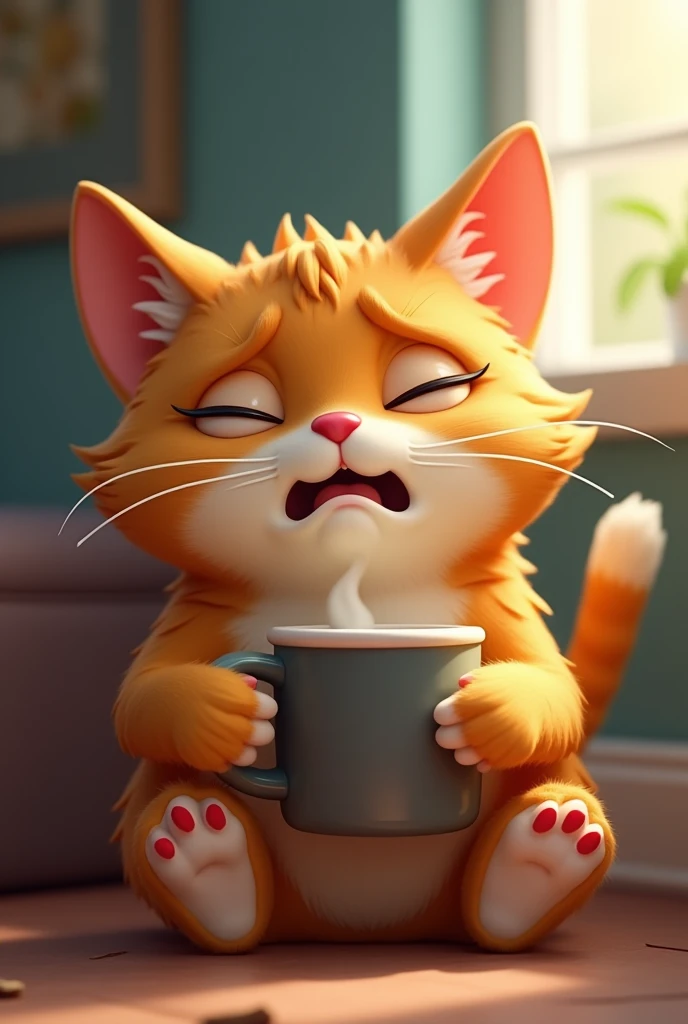 cat with a coffee animated picture that cat is sleep deprived too tired