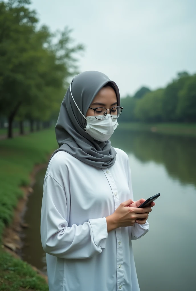 real photography, beautiful girl,wearing glasses,wear a facemask,wear a gray hijab, White shirt,in the park on the edge of a clear river, holding a cell phone, cloudy weather