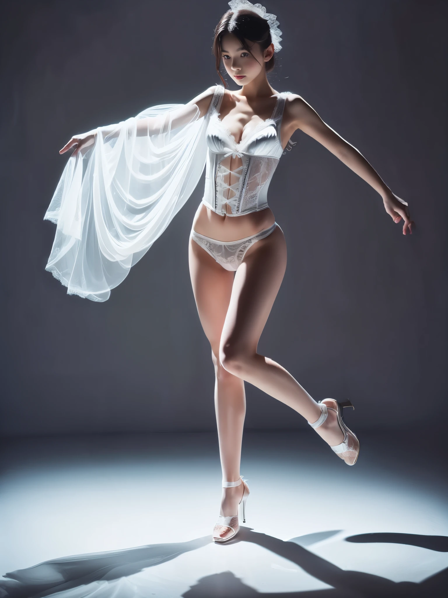 ((Full body portrait:1.5)),beautiful virgin with baby faces wearing pure white Sheer lace corset bustier,Practicing Erotic dance with a serious look,Camera angle shooting from below,showing panties,Ultra high definition,Highest quality