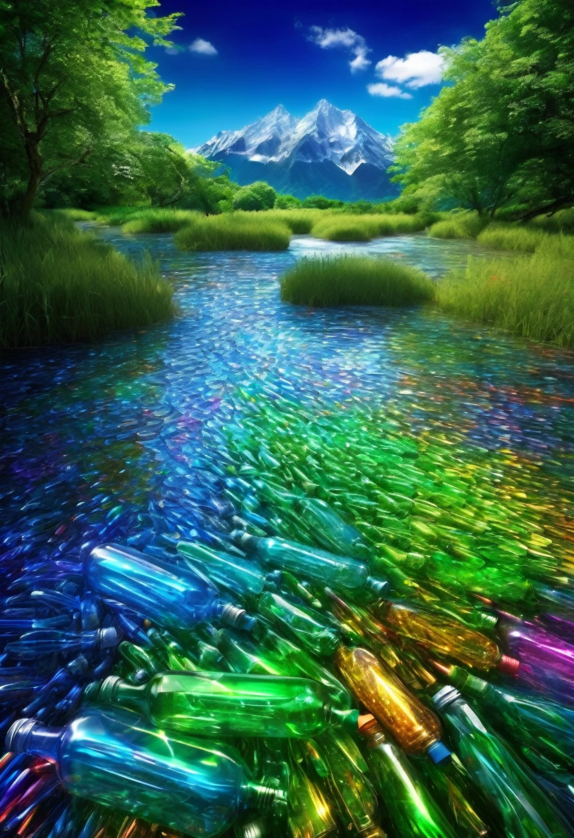 plastic bottle art, combining various plastic bottles to express the importance of nature, forests, streams, riverbanks, mountains, clean water, blue skies, sun, neon lines, (ultra detailed, absolutely resolution, best quality:1.3), 2.5D, delicate and dynamic effects, iridescent glitter effects, artistic photography, hyper realistic, graphic CG digital art, conceptual installation art