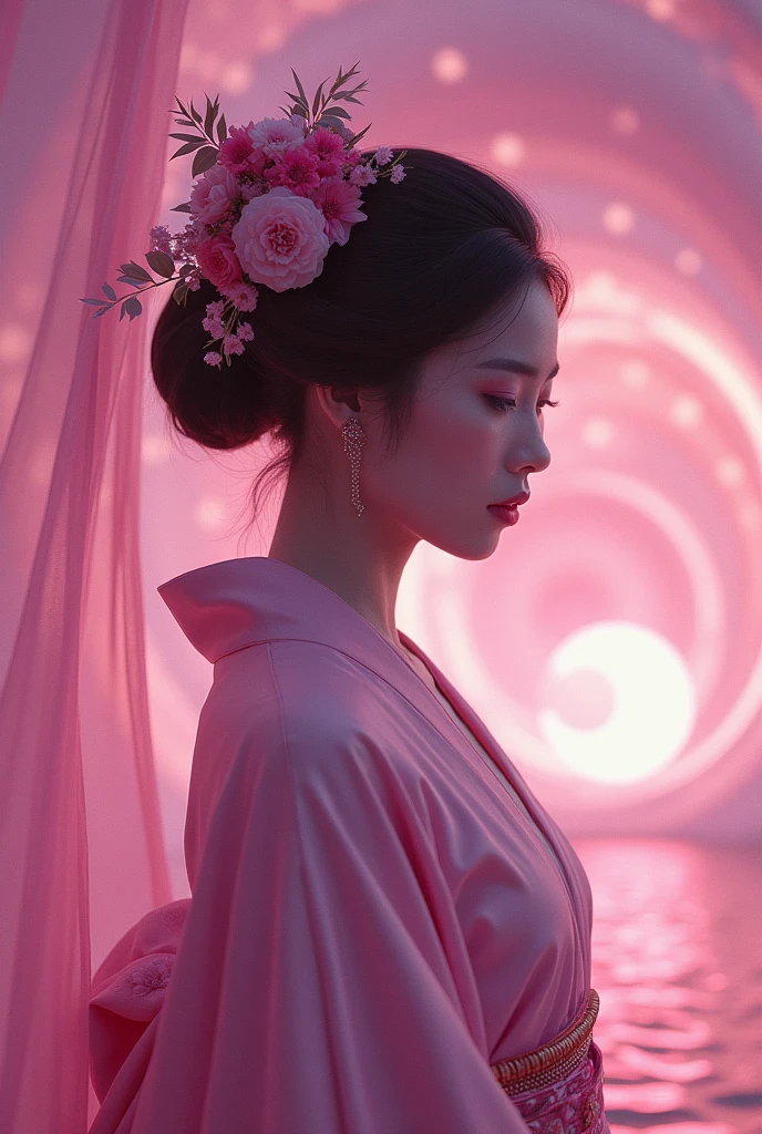 Beautiful photograph, indonesian woman, large angle, high quality cinematic 225K, hyper-detailed everything, a Sorayama style Geshia, fractal flowing beneath the surface, glas Kimono elegant pose, dynamic pose, magenta angelic scene.