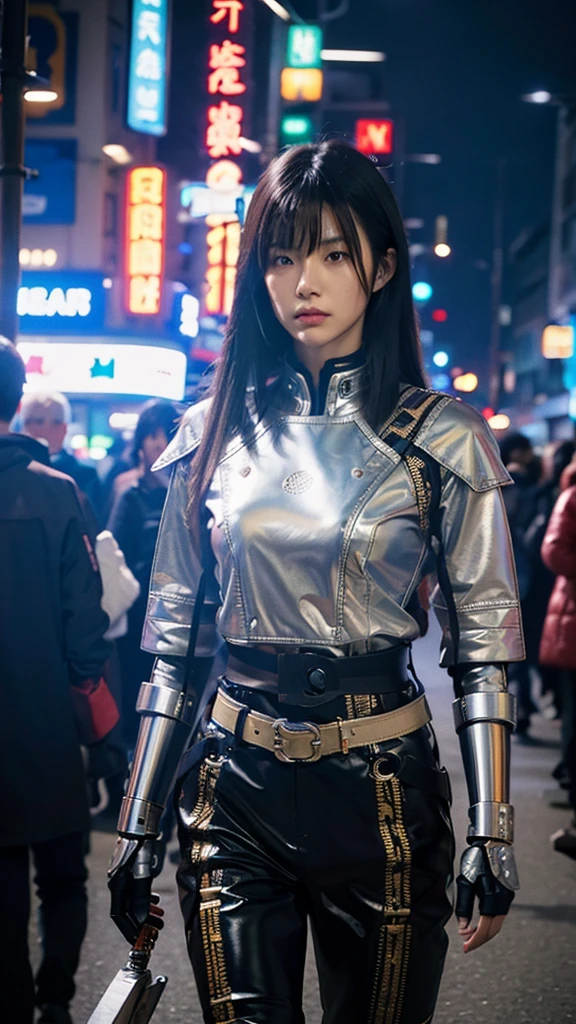 a cyberpunk robot samurai Anthro tiger woman, robot anthropomorphic tiger face with mirrored face shield, robot joints, body made of metals, cables and wires, she has a katana, sheathed at her hip, in a sleek belt holster. she has one hand on the hilt of the weapon, in a cyberpunk city street, walking in a crowd, dim lighting from lots of large overhead neon signs, silhouetted in the gloom. Perfect Composition, realistic photographic image, RAW photo highest quality, perfect directional lighting, she is looking out at the people in the street around her as if hunting.