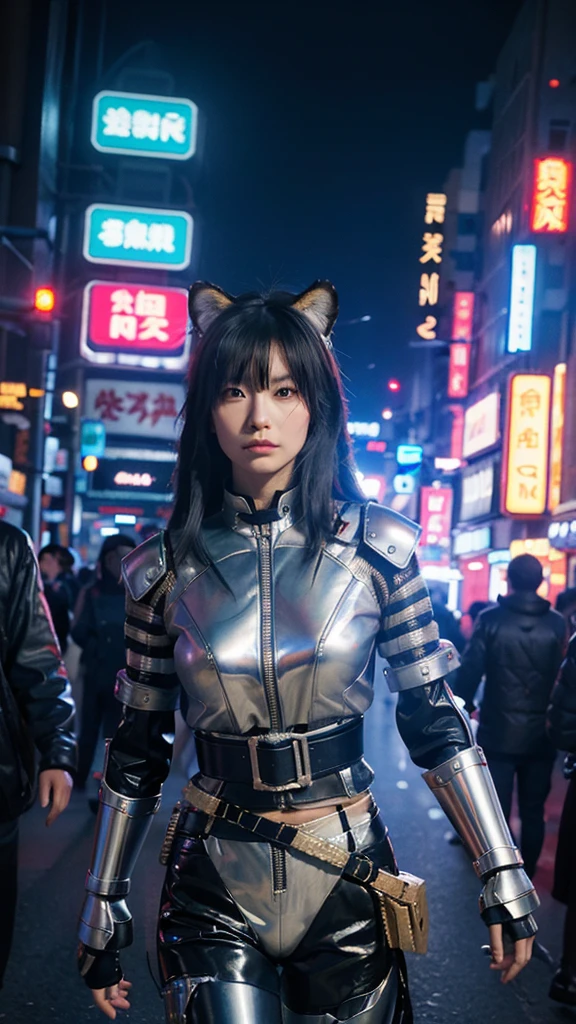 a cyberpunk robot samurai Anthro tiger woman, robot anthropomorphic tiger face with mirrored face shield, robot joints, body made of metals, cables and wires, she has a katana, sheathed at her hip, in a sleek belt holster. she has one hand on the hilt of the weapon, in a cyberpunk city street, walking in a crowd, dim lighting from lots of large overhead neon signs, silhouetted in the gloom. Perfect Composition, realistic photographic image, RAW photo highest quality, perfect directional lighting, she is looking out at the people in the street around her as if hunting.