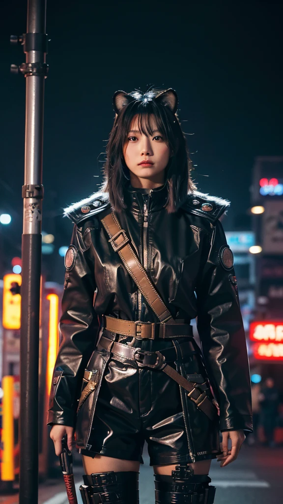 a cyberpunk robot samurai Anthro tiger woman, robot anthropomorphic tiger face with mirrored face shield, robot joints, body made of metals, cables and wires, she has a katana, sheathed at her hip, in a sleek belt holster. she has one hand on the hilt of the weapon, in a cyberpunk city street, walking in a crowd, dim lighting from lots of large overhead neon signs, silhouetted in the gloom. Perfect Composition, realistic photographic image, RAW photo highest quality, perfect directional lighting, she is looking out at the people in the street around her as if hunting.