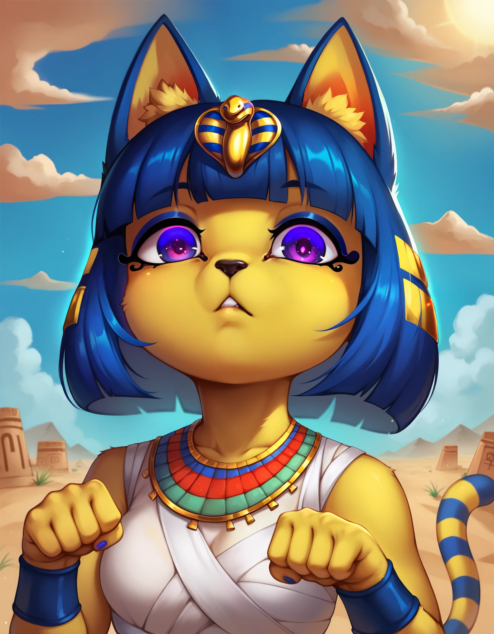 score_9, score_8_up, score_7_up, shadowillstyle, depth of field, 1girl, furry, ankha \(animal crossing\), expressionless, eye reflection, yellow background, yellow theme, blue background, desert, spiral eyes, purple eyes, glowing eyes, wide-eyed, paw pose, looking at viewer, close-up, parted lips, by photonoko