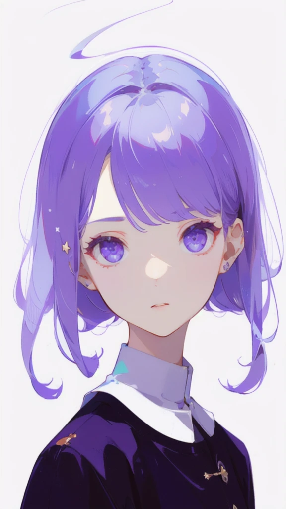 ((masterpiece)),(((best quality))),(Character Design Sheet, Same role, front, side, Back), illustration, 1 girl, hair color, Bangs, Hairstyle Fax, Eye, Environmental Change Scene, Hairstyle Fax, Purple Pose, woman, Shirt Shangyi, Star, Chaternbetalola, (simple Background, white Background: 1.3)