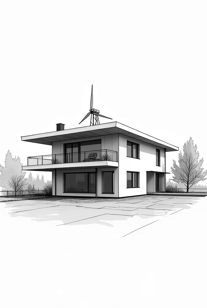 Sketch a residential house design with rain water catchment, solar panel and small windmill... Make it black and white and don't put plants on the back ground