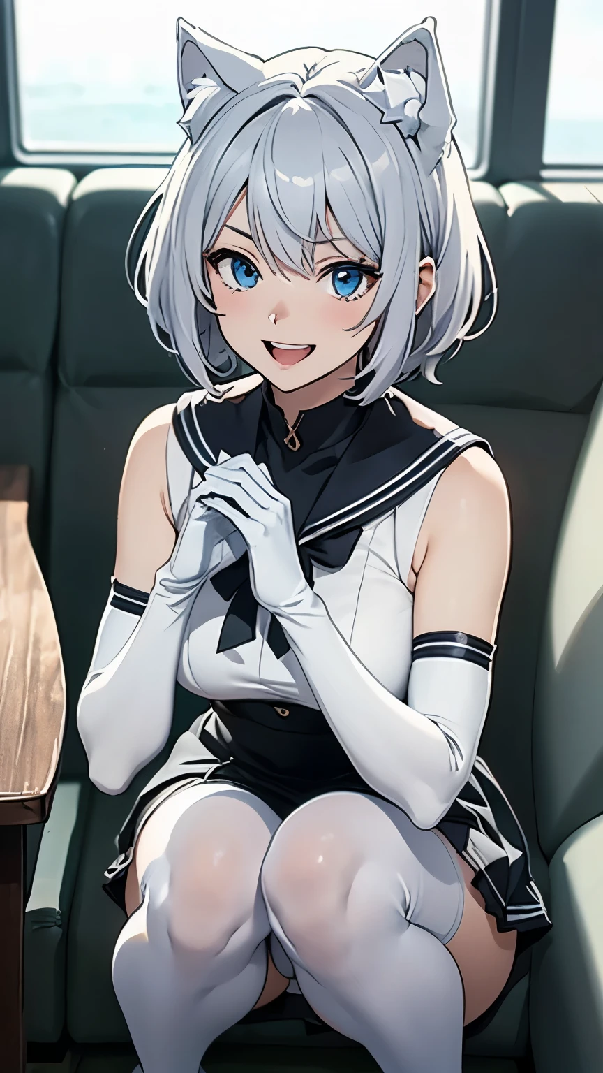 Tabletop　High resolution　Best image quality　8k　 Adult female　Anime Style　White long gloves（Elbow Gloves）　White Sailor Suit（Sleeveless）　mini skirt　White tights　White wolf ears　short hair（（Shortcuts）（Gray Hair）（Perm）（fluffy））　blue eyes　Attractive face（（Laughter）（smile）（Open your mouth））　Squat　Place your hands on your knees　Landscape