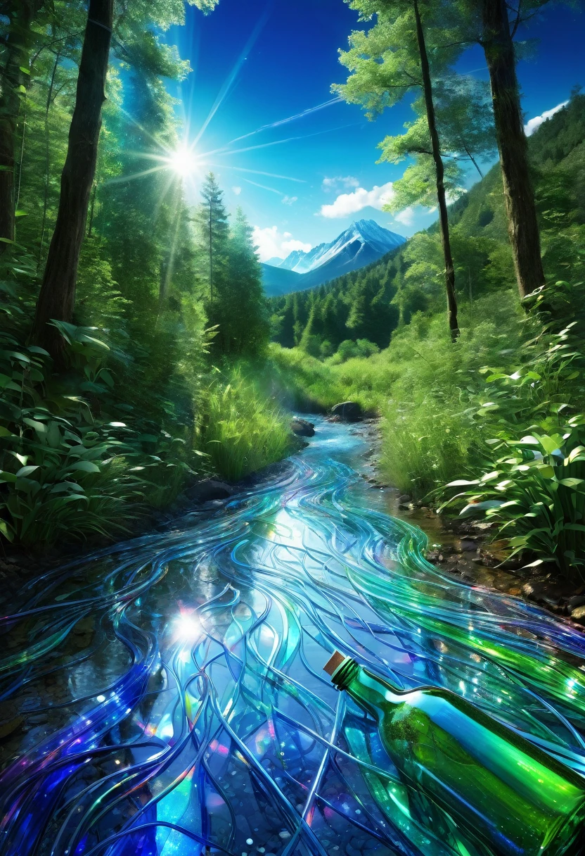 plastic bottle art, combining various plastic bottles to express the importance of nature, forests, streams, riverbanks, mountains, clean water, blue skies, sun, neon lines, (ultra detailed, absolutely resolution, best quality:1.3), 2.5D, delicate and dynamic effects, iridescent glitter effects, artistic photography, hyper realistic, graphic CG digital art, conceptual installation art