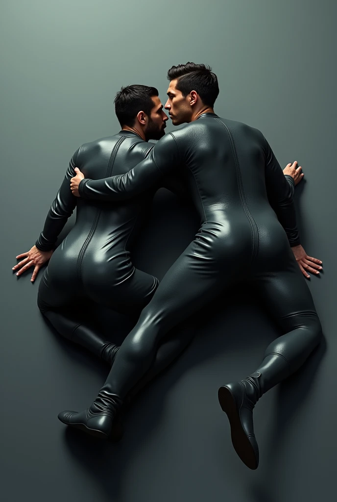 Cristiano Ronaldo in a black rubber suit lying with Leonelessi