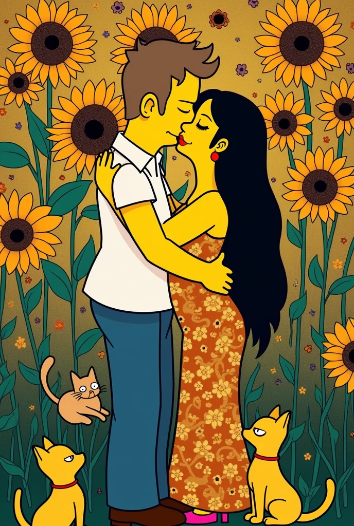 Gustav Klimt&#39;s painting of the kiss with a boy with light brown hair not so straight but thicker, tall, white, skinny, a white girl with long black hair and thick lips, little cats and sunflowers, Very much in love Simpsons style 