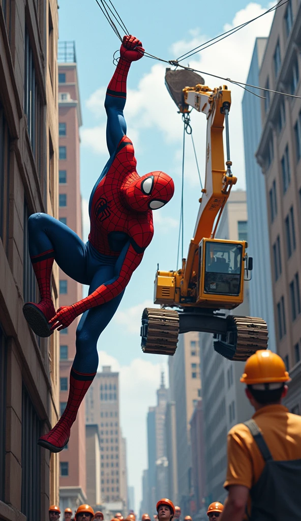 A highly realistic and humorous scene featuring Spiderman struggling to lift an excavator using his web. He is clinging to the side of a tall building with one hand, his body straining with the effort as he tries to hoist the heavy machinery into the air. The web is stretched taut, with the excavator dangling precariously, its massive weight causing Spiderman to visibly struggle. His expression is one of intense concentration and strain, almost cartoonishly exaggerated, adding to the comedic effect. The background includes the cityscape with towering buildings, and a few construction workers on the ground, looking up in surprise and disbelief. The scene captures the absurdity and humor of the moment, with Spiderman in a ridiculous yet heroic predicament, colorful, no blurring,