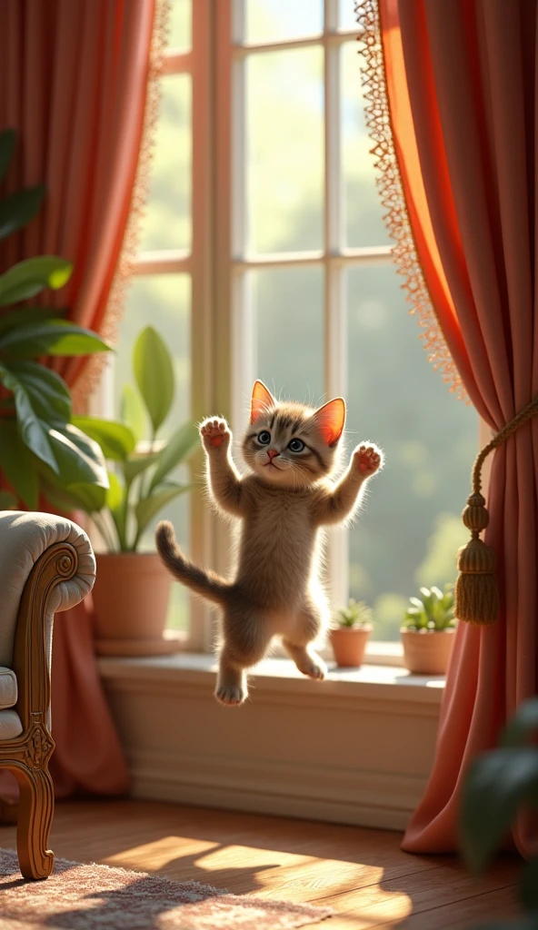 "A mischievous kitten climbing the curtains in a vintage-decorated room, with a view of the outdoors through the large windows. The kitten’s expression is full of adventure."