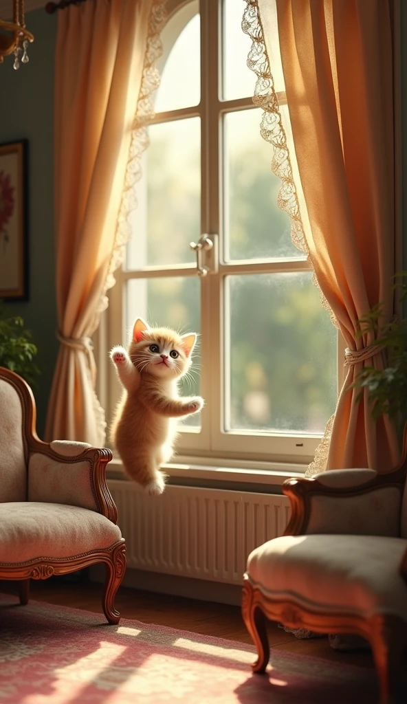 "A mischievous kitten climbing the curtains in a vintage-decorated room, with a view of the outdoors through the large windows. The kitten’s expression is full of adventure."