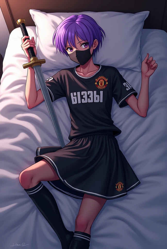 Trunks Femboy Short Purple Hair from Dragon Ball Z with Black Manchester United Shirt,black skirt with white,Black stockings with white and Lying in bed with his sword and a mask