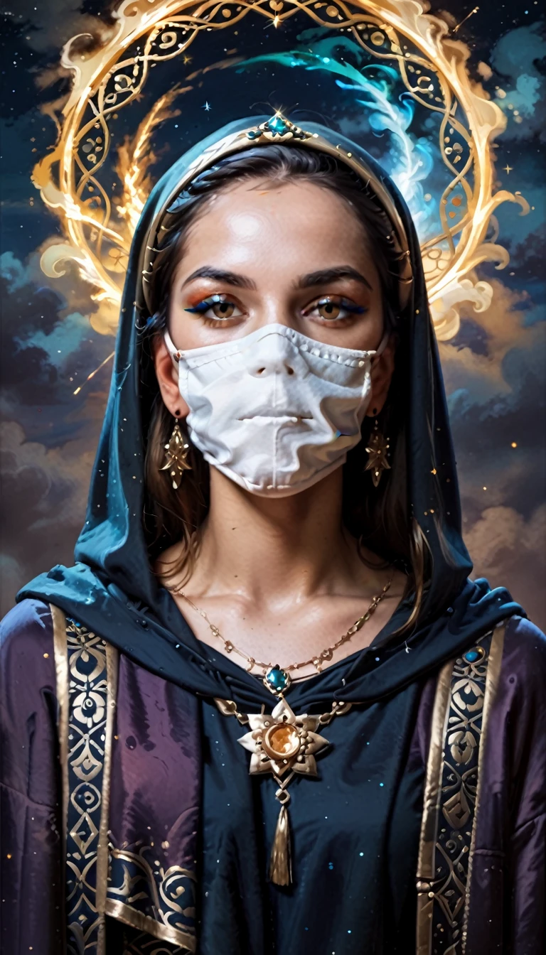 A (celestial being) emerges from the shadows, her majestic form draped in (dark robes) while her feminine face is concealed in an intricate (white mask). Each movement of her (delicate arms) releases a (golden aura).