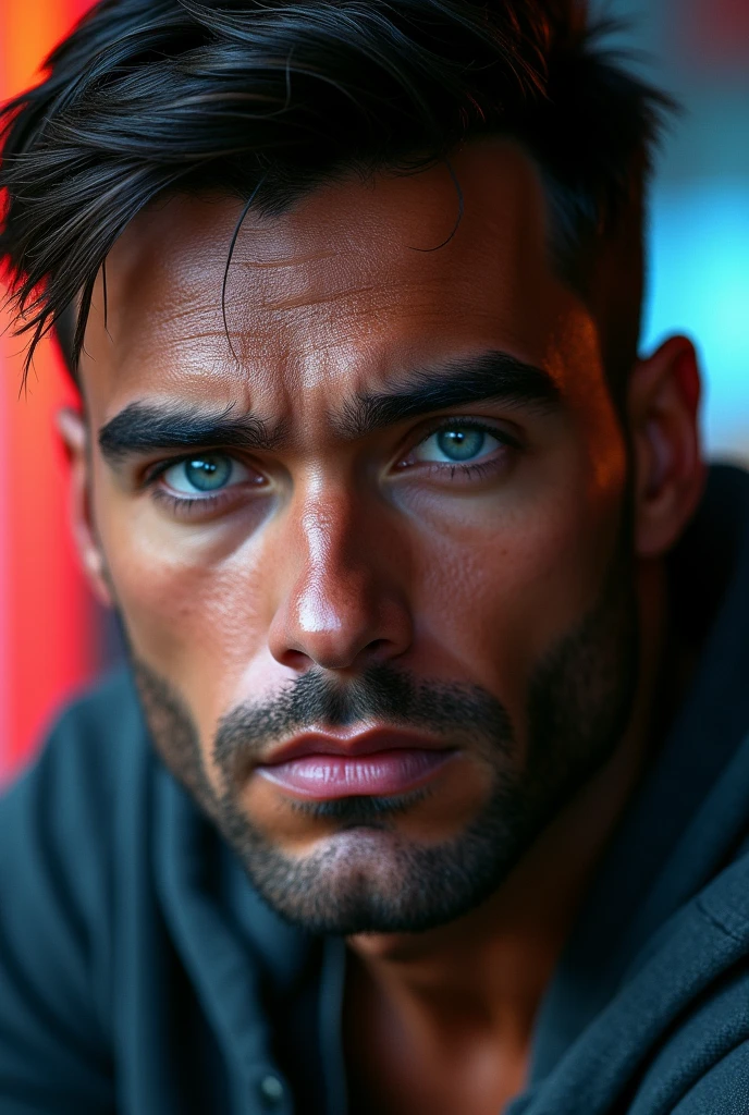 a handsome man, serene expression, thick eyebrows, bright blue eyes, short hair, wet face, chiseled jawline, masculine facial features, realistic, detailed, photorealistic, cinematic lighting, dramatic shadows, vibrant colors, (best quality,4k,8k,highres,masterpiece:1.2),ultra-detailed,(realistic,photorealistic,photo-realistic:1.37)