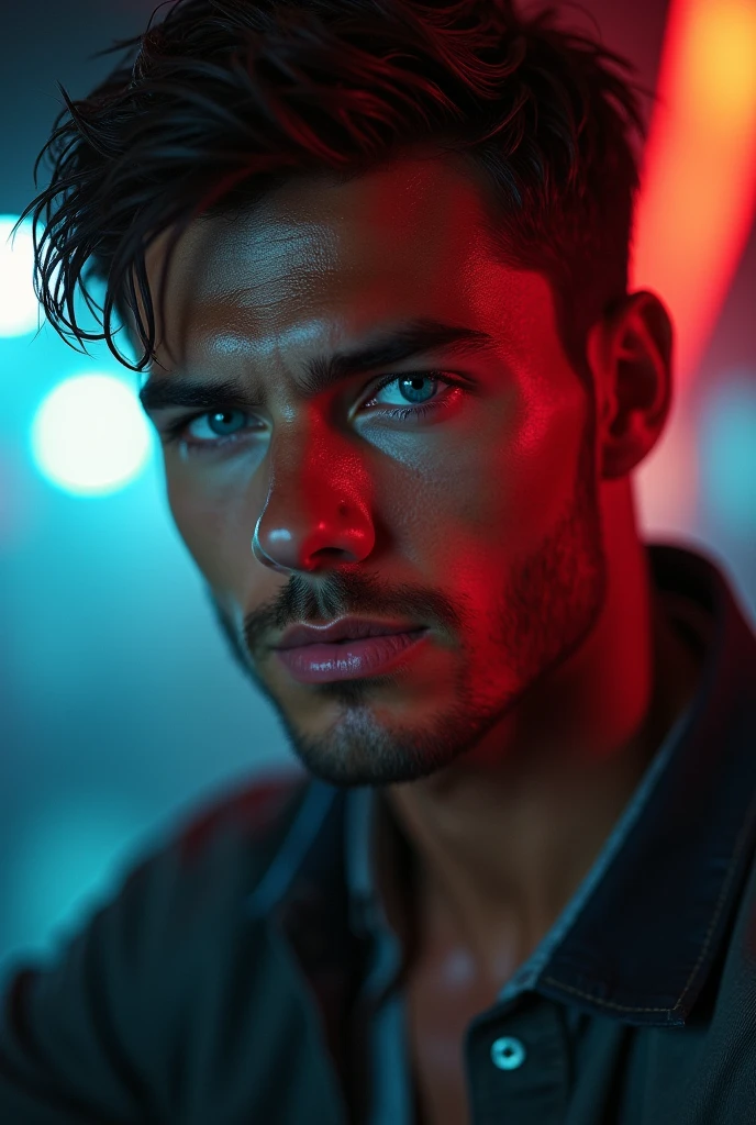 a handsome man, serene expression, thick eyebrows, bright blue eyes, short hair, wet face, chiseled jawline, masculine facial features, realistic, detailed, photorealistic, cinematic lighting, dramatic shadows, vibrant colors, (best quality,4k,8k,highres,masterpiece:1.2),ultra-detailed,(realistic,photorealistic,photo-realistic:1.37)