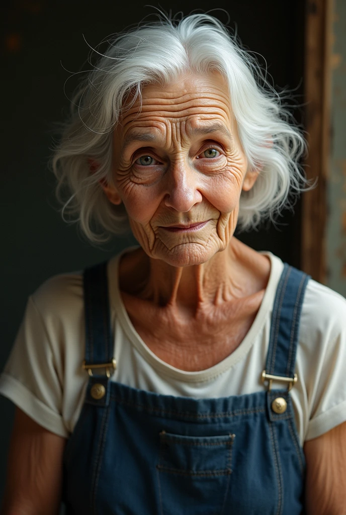  A  older lady with white hair and a dark blue apron 