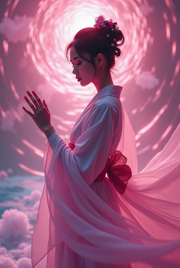 Beautiful photograph, indonesian woman, large angle, high quality cinematic 225K, hyper-detailed everything, a Sorayama style Geshia, fractal flowing beneath the surface, glas Kimono elegant pose, dynamic pose, magenta angelic scene.