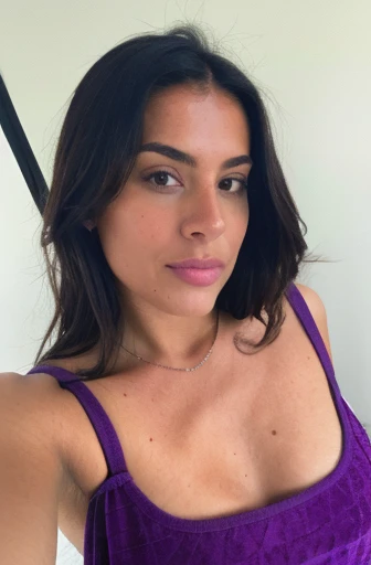 Selfie at a angle of a purple brunette, film grain, skin texture, looking at viewer low quality