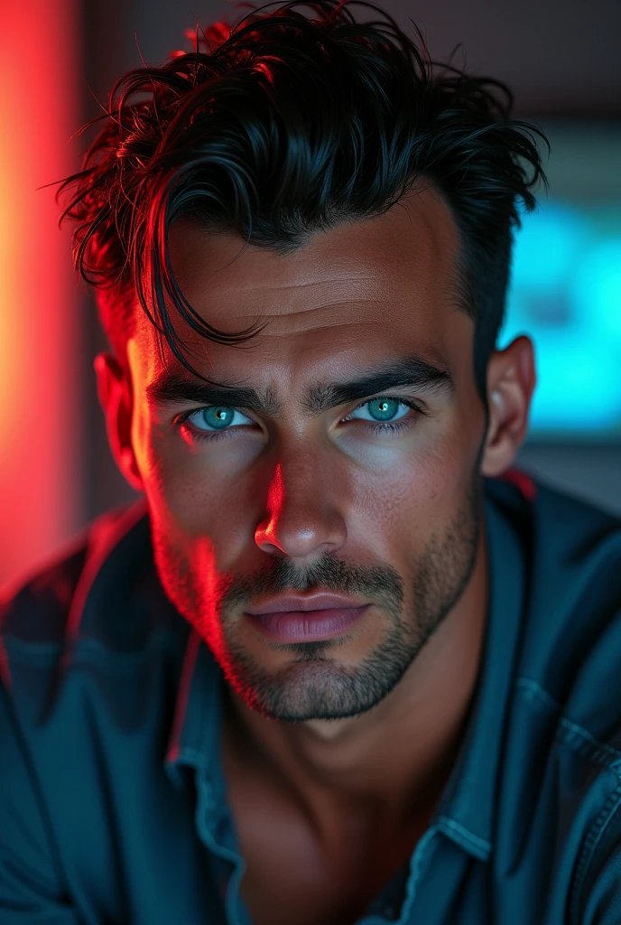 a handsome man, serene expression, thick eyebrows, bright blue eyes, short hair, wet face, chiseled jawline, masculine facial features, realistic, detailed, photorealistic, cinematic lighting, dramatic shadows, vibrant colors, (best quality,4k,8k,highres,masterpiece:1.2),ultra-detailed,(realistic,photorealistic,photo-realistic:1.37)