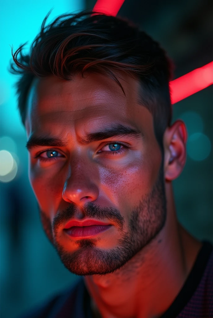 a handsome man, serene expression, thick eyebrows, bright blue eyes, short hair, wet face, chiseled jawline, masculine facial features, realistic, detailed, photorealistic, cinematic lighting, dramatic shadows, vibrant colors, (best quality,4k,8k,highres,masterpiece:1.2),ultra-detailed,(realistic,photorealistic,photo-realistic:1.37)