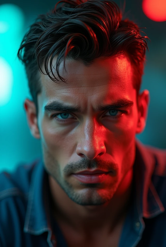 a handsome man, serene expression, thick eyebrows, bright blue eyes, short hair, wet face, chiseled jawline, masculine facial features, realistic, detailed, photorealistic, cinematic lighting, dramatic shadows, vibrant colors, (best quality,4k,8k,highres,masterpiece:1.2),ultra-detailed,(realistic,photorealistic,photo-realistic:1.37)