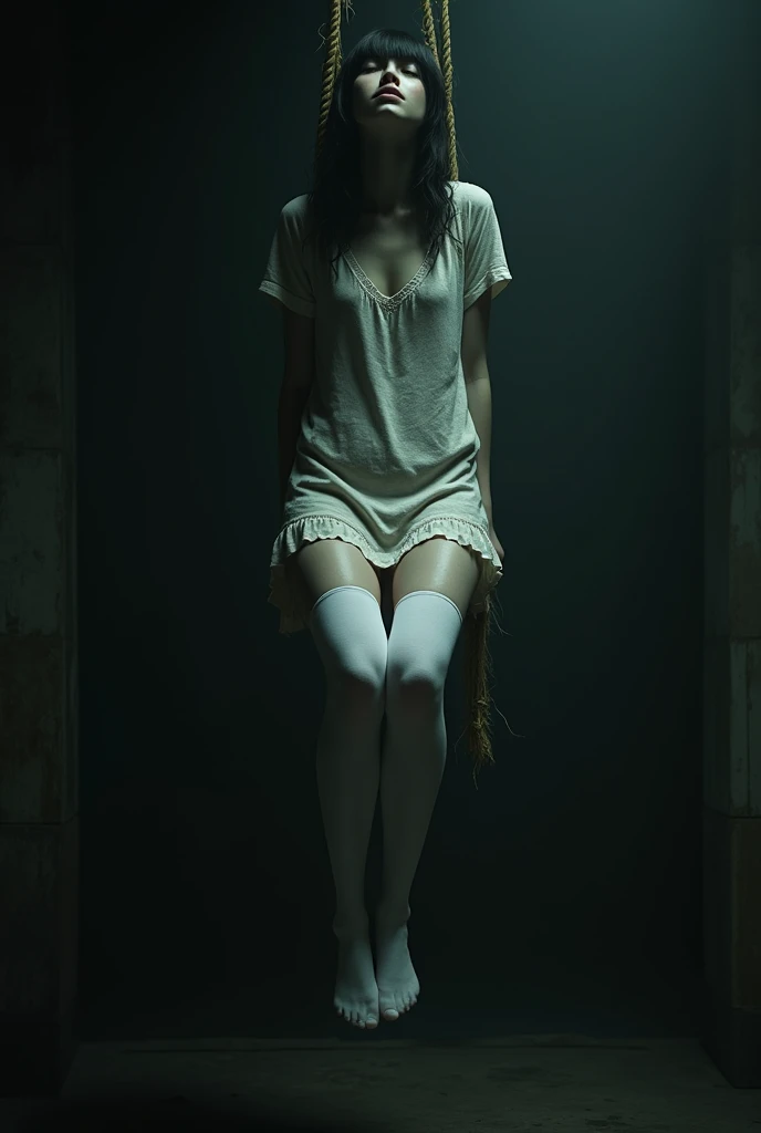 Scene of girl in white thigh high socks hanging to death