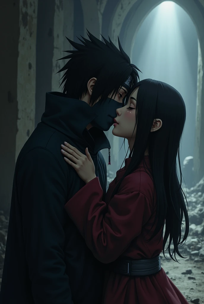 naruto shippuden naruto and hinata, kissing, super strong, muscular, background Konohagakure (Hidden Leaf Village), raining, 35mm lens, photography, ultra details, precise texture details HDR, UHD,64K,