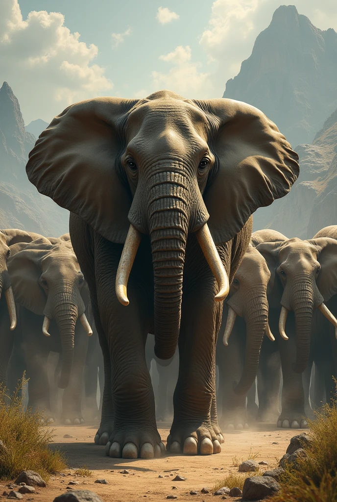 A big group of lot of elephants with shields on their bodies ready to war stayed in one place