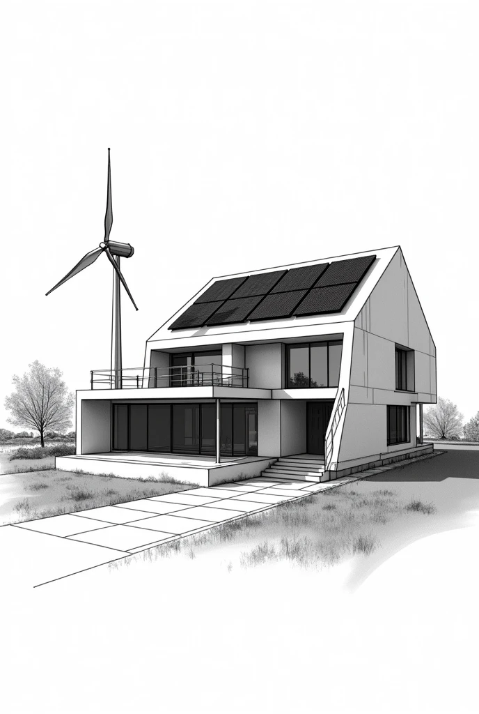 Sketch a residential house design with rain water catchment, solar panel and small windmill... Make it black and white and don't put plants on the back ground