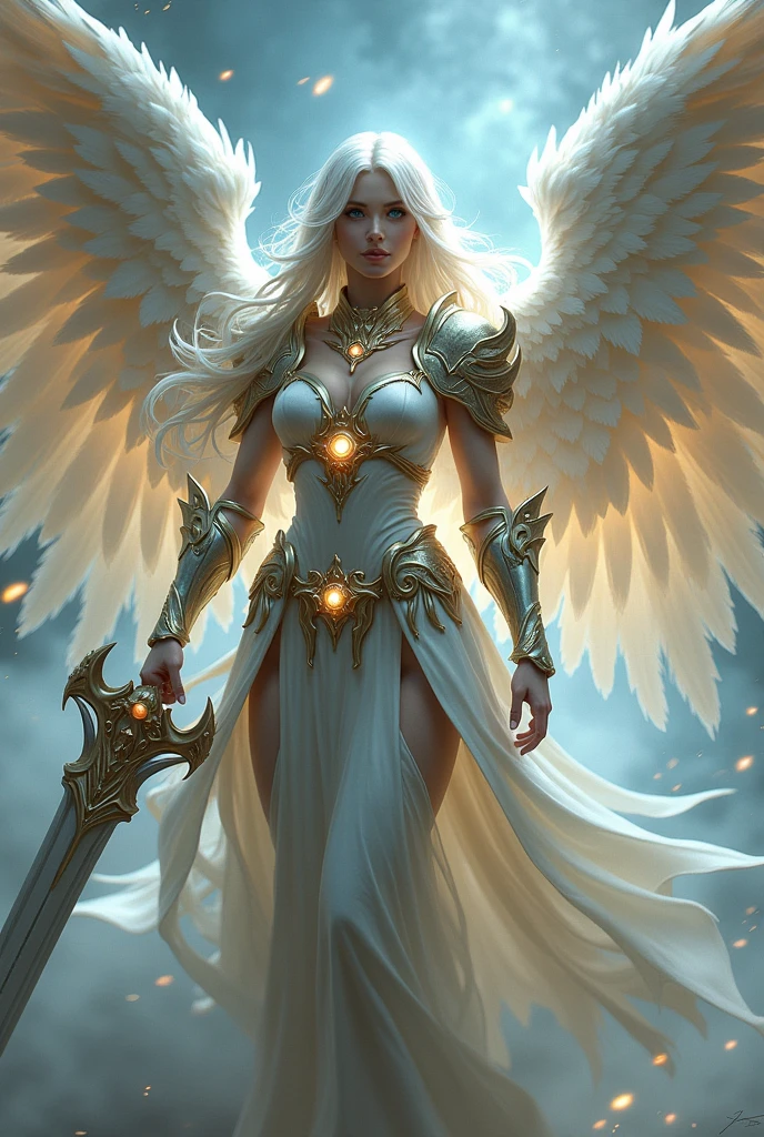 A majestic celestial being inspired by the Seraphim, with six large, feathered wings, each adorned with three glowing eyes. Her flowing hair is a shimmering silver-blonde, and her piercing blue eyes radiate wisdom and power. She has a mature and commanding presence. She wears an ivory-colored armor with intricate golden details, adding to her divine appearance. In her right hand, she holds a large, intricately designed sword that glows with a soft, otherworldly light. The environment around her is mystical, with swirling mists and a faint celestial glow illuminating her form. The wings are spread wide, showcasing their full majesty, and the twelve eyes on the wings are open, each one shining with knowledge and power.