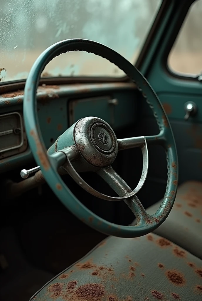 Image of a tilted Volkswagen steering wheel without the driver's hands