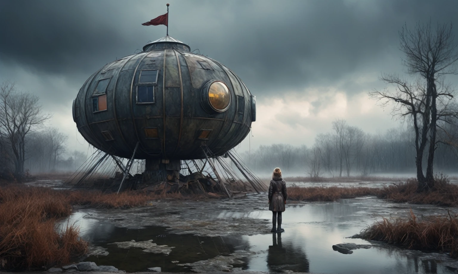 insane pilot from USSR , camouflage Rusty, after a psychiatric clinic,winter,intricate landscape,slate grey atmosphere,film grain,faded,eyes extremely detailed,another world,view from height,once pretty face,eyebrow up,full body shot,ominous landscape, Simon Stalenhag,Nicola Samori,full body shot,beggar paladium The Alien Entity,Technicolor,natural skin textures, hyper realism, hyper detailed,Extremely detailed,High contrast,Masterpiece,Realistic,Ultra Detailed, intricate details,realistic humid leather,extremly intricate,Epic Realistic, cinematic style,irina yermolova,high contrast,hdr,extremely detailed, deep night landscape,masterpiece,intricate details,faded,eyes extremely detailed, high detailed eyes,8k resolution,RAW,retina, Nikon Z9,China,tkt style, transition between two art styles, Ink painting to photorealism, Double contact, X-ray, Creative, vivid light, masterpiece, fantasy, Abstract Surrealism, super detailed, high resolution, stop:35;Her skin is pale, almost translucent,ancient rock,a hot air soars through the layers of clouds, revealing a colossal and enigmatic cityscape nestled within. The buildings in this ethereal city are adorned with intricate details and exude an aura of mystery. Above the cityscape, lend an enchanting touch to the scene. steampunk. The intricate mechanics create a sense of wonder and fascination, as if stepping into a dreamlike realism,Marta Bevacqua, ais-sinisterz, a derelict circus in the middle of a swamp, remnants of colorful tents, a silent carousel with spectral space monster, all under a sky heavy with storm clouds