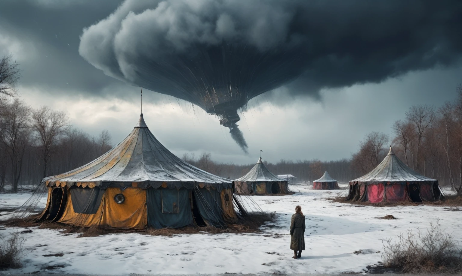 insane pilot from USSR , camouflage Rusty, after a psychiatric clinic,winter,intricate landscape,slate grey atmosphere,film grain,faded,eyes extremely detailed,another world,view from height,once pretty face,eyebrow up,full body shot,ominous landscape, Simon Stalenhag,Nicola Samori,full body shot,beggar paladium The Alien Entity,Technicolor,natural skin textures, hyper realism, hyper detailed,Extremely detailed,High contrast,Masterpiece,Realistic,Ultra Detailed, intricate details,realistic humid leather,extremly intricate,Epic Realistic, cinematic style,irina yermolova,high contrast,hdr,extremely detailed, deep night landscape,masterpiece,intricate details,faded,eyes extremely detailed, high detailed eyes,8k resolution,RAW,retina, Nikon Z9,China,tkt style, transition between two art styles, Ink painting to photorealism, Double contact, X-ray, Creative, vivid light, masterpiece, fantasy, Abstract Surrealism, super detailed, high resolution, stop:35;Her skin is pale, almost translucent,ancient rock,a hot air soars through the layers of clouds, revealing a colossal and enigmatic cityscape nestled within. The buildings in this ethereal city are adorned with intricate details and exude an aura of mystery. Above the cityscape, lend an enchanting touch to the scene. steampunk. The intricate mechanics create a sense of wonder and fascination, as if stepping into a dreamlike realism,Marta Bevacqua, ais-sinisterz, a derelict circus in the middle of a swamp, remnants of colorful tents, a silent carousel with spectral space monster, all under a sky heavy with storm clouds