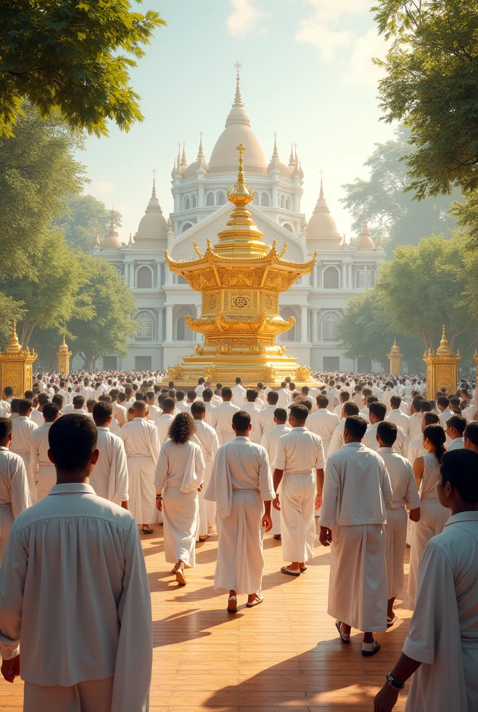 i should generate vesak festival function image on srilankan institute here all are wearing the white color dresses only like wise saree , shirt skirt and must want thw vesak nest also