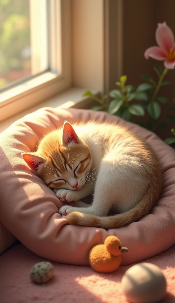 "A sleepy kitten curled up on a plush pillow in a cozy nook by the window, but with one eye open, ready to pounce on a nearby toy. The room is filled with warm, inviting colors."