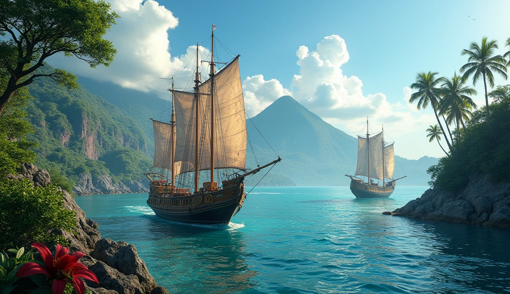 Ancient Ternate island, Maluku, Indonesia, Corcora ships, hyper realistic, masterpiece, best quality, ultra-detailed, UHD, 64K