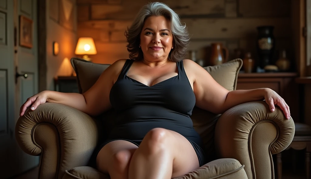 woman in a short dress is in a rustic house, sitting on the sofa, legs crossed, attractive woman, tight dress, curvaceous, hot chubby, voluminous body, cleavage, large breasts, approximately 60 years old, older mature woman, front image, looking for camera, posing, big ass, sex with beautiful woman, stunning, sex with natural mature woman, medium plus size,