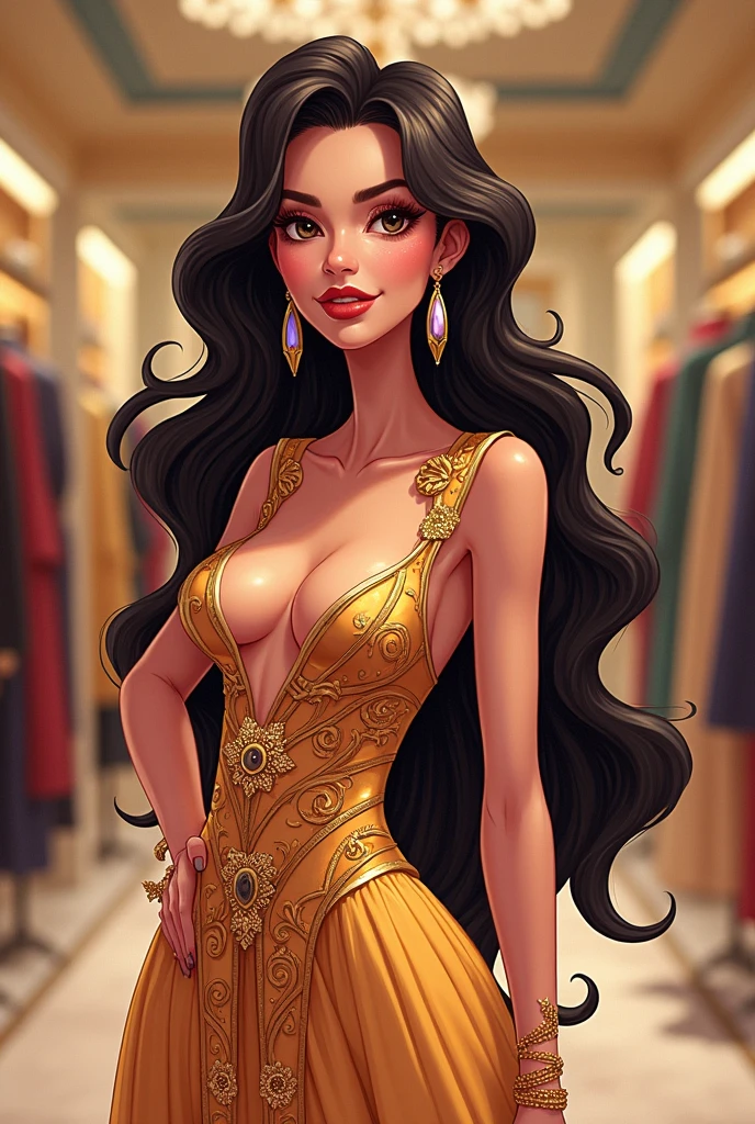 Elegant woman in dress in cartoon, Long hair ,long earrings, entrepreneur, in a clothing boutique