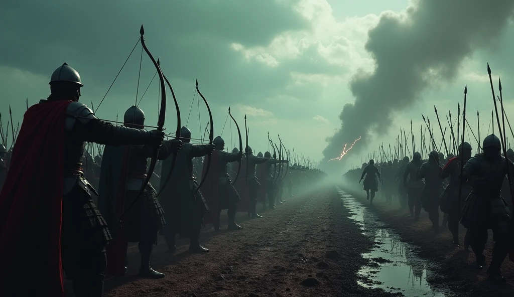 A dramatic and cinematic depiction of the Battle of Crécy, rendered in a dark and intense style. The scene shows a chaotic battlefield shrouded in mist and shadows, with fierce clashes between English and French forces. English archers, silhouetted against a stormy sky, unleash a relentless volley of arrows, their expressions hardened with resolve. French knights in heavy armor charge through the muddy, blood-stained ground, their faces masked by the grim reality of battle. The background is a dark, tumultuous sky, with flashes of lightning illuminating the desperate struggle below. The image conveys the brutal and epic scale of the conflict., Surrealism, Hyperrealism, UHD, retina, masterpiece, accurate, anatomically correct, textured skin, super detail, 16k