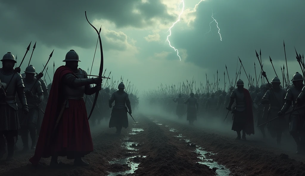 A dramatic and cinematic depiction of the Battle of Crécy, rendered in a dark and intense style. The scene shows a chaotic battlefield shrouded in mist and shadows, with fierce clashes between English and French forces. English archers, silhouetted against a stormy sky, unleash a relentless volley of arrows, their expressions hardened with resolve. French knights in heavy armor charge through the muddy, blood-stained ground, their faces masked by the grim reality of battle. The background is a dark, tumultuous sky, with flashes of lightning illuminating the desperate struggle below. The image conveys the brutal and epic scale of the conflict., Surrealism, Hyperrealism, UHD, retina, masterpiece, accurate, anatomically correct, textured skin, super detail, 16k