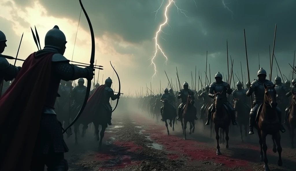 A dramatic and cinematic depiction of the Battle of Crécy, rendered in a dark and intense style. The scene shows a chaotic battlefield shrouded in mist and shadows, with fierce clashes between English and French forces. English archers, silhouetted against a stormy sky, unleash a relentless volley of arrows, their expressions hardened with resolve. French knights in heavy armor charge through the muddy, blood-stained ground, their faces masked by the grim reality of battle. The background is a dark, tumultuous sky, with flashes of lightning illuminating the desperate struggle below. The image conveys the brutal and epic scale of the conflict., Surrealism, Hyperrealism, UHD, retina, masterpiece, accurate, anatomically correct, textured skin, super detail, 16k