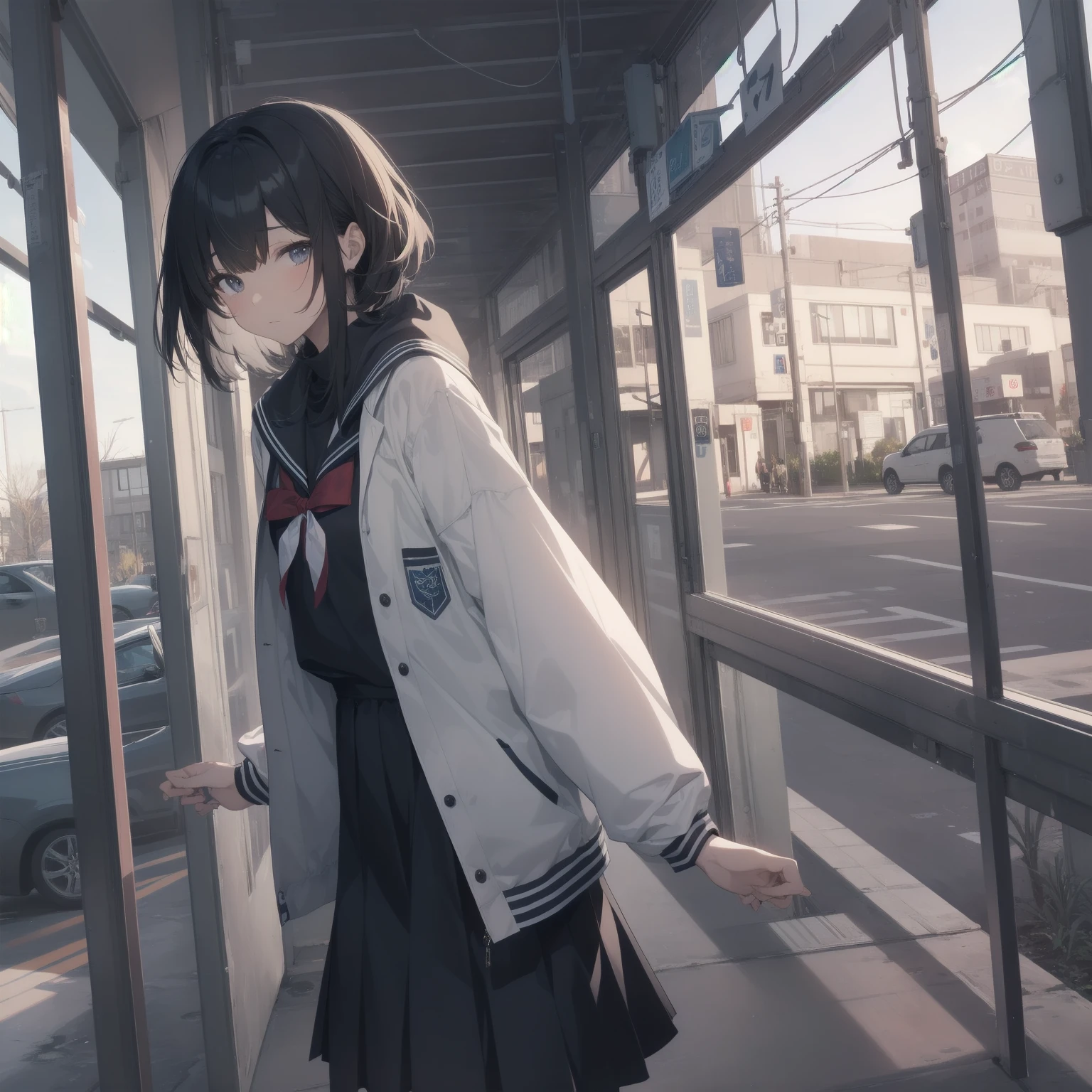 ultra-absurdres-Top quality by artist God, ultra-detailed, high resolution, anime moe artstyle, best anime 8k konachan wallpaper, pixiv contest winner, pool:2810, perfect anatomy,break, 1girl, (Please draw a girl walking sleepily to school alone. )break,(Solo,little female,15yo:1.3),Full limbs, complete fingers,a junior high school student, (very short hair), short cut, flat chest, , small butt, small black eyes, beautiful detailed eyes, well-proportioned iris and pupils, expressive eyes, highres detailed hair, soft expression, salor school_uniform, sailor collar, serahuku, bow, pleated skirt,(Detailed Lighting), (Detailed background), in the School commute route. break,super detailed skin, Best cinematic lighting powered by famous artist, 8k,beauty illustration,photoshop_(medium),very aesthetic,break,((artist:echo_(circa) )), artist:clamp ,artist:carnelian ,artist:kantoku ,
