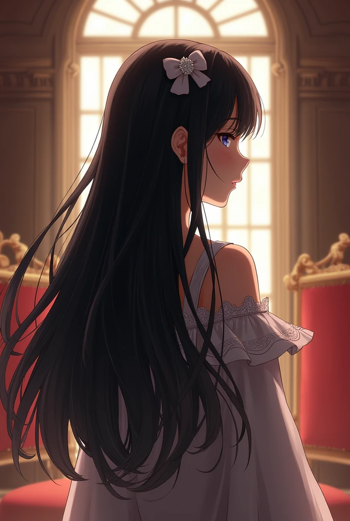 a girl from behind, black hair, king, with Coquette bow in hair 