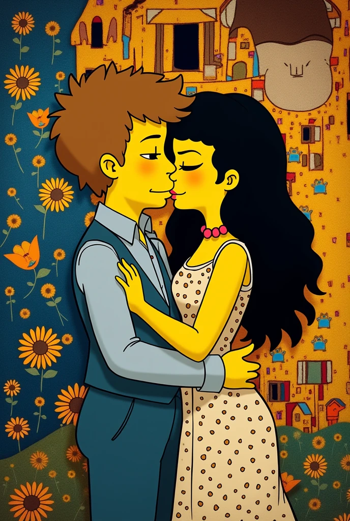 Gustav Klimt's painting of the kiss with a boy with light brown hair not so straight but thicker, tall, white, skinny, a white girl with long black hair and thick lips, little cats and sunflowers, very in love, They are young, he is 19 and she is 22. Simpsons style