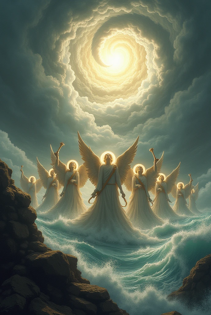 7 great Angels playing 7 great trumpets, lots of wind and water and the sky with a hurricane