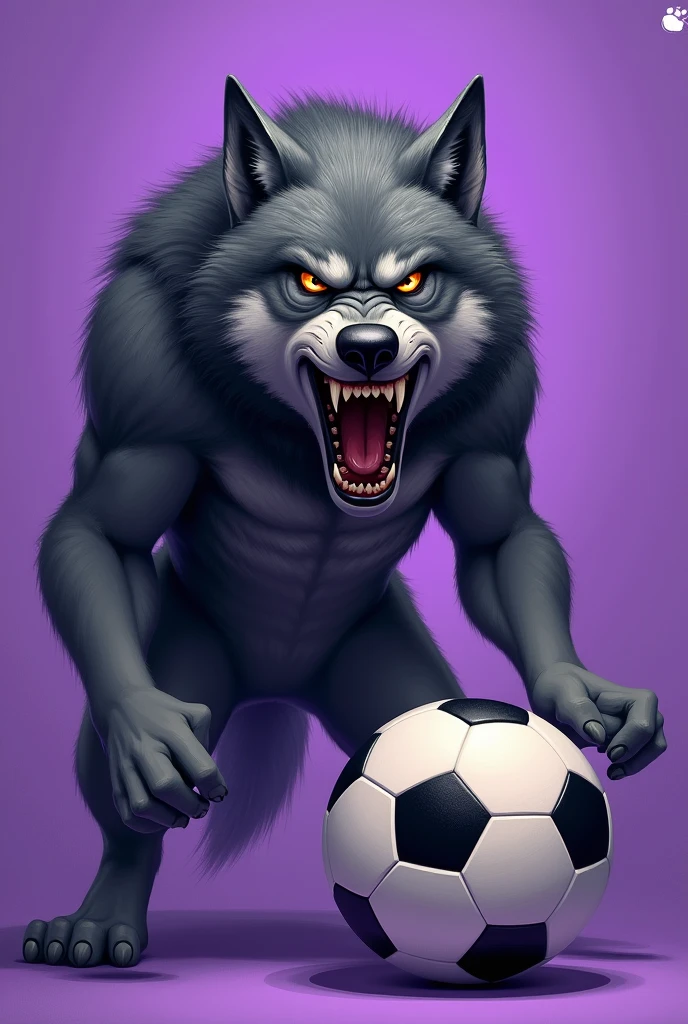 Wolf with an angry expression in a purple shirt with the ball at his feet 